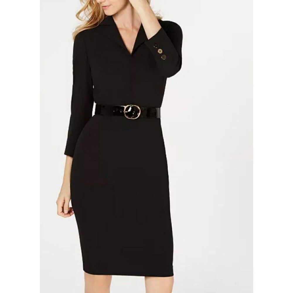 NEW-NO-TAG Calvin Klein Black Notched-Collar Belted Sheath Dress Sz 4  TTT